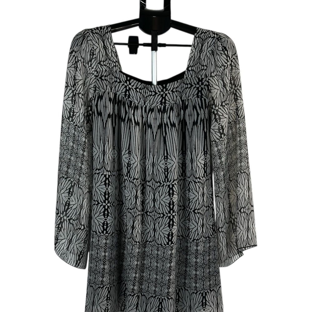 One World Sheer Chiffon Babydoll Tunic Top – Black & Gray Print, Size S - Picture 3 of 14